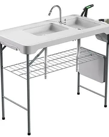 Description Picture 3 of itemCleaning Table with Sink 42.6" Width Portable Folding Camping Table with Measure Mark|Outdoor Fish Cleaning Station with Gr