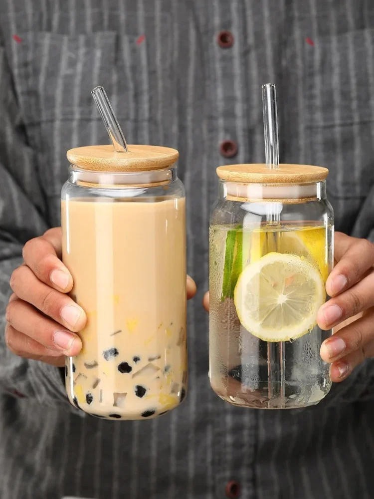 Description Picture 6 of item450/550mlGlass Cup with Lid and Straw Bubble Tea Cup Juice Glass Beer Can Milk Mocha Cup Breakfast Mug Drinkware Transparent