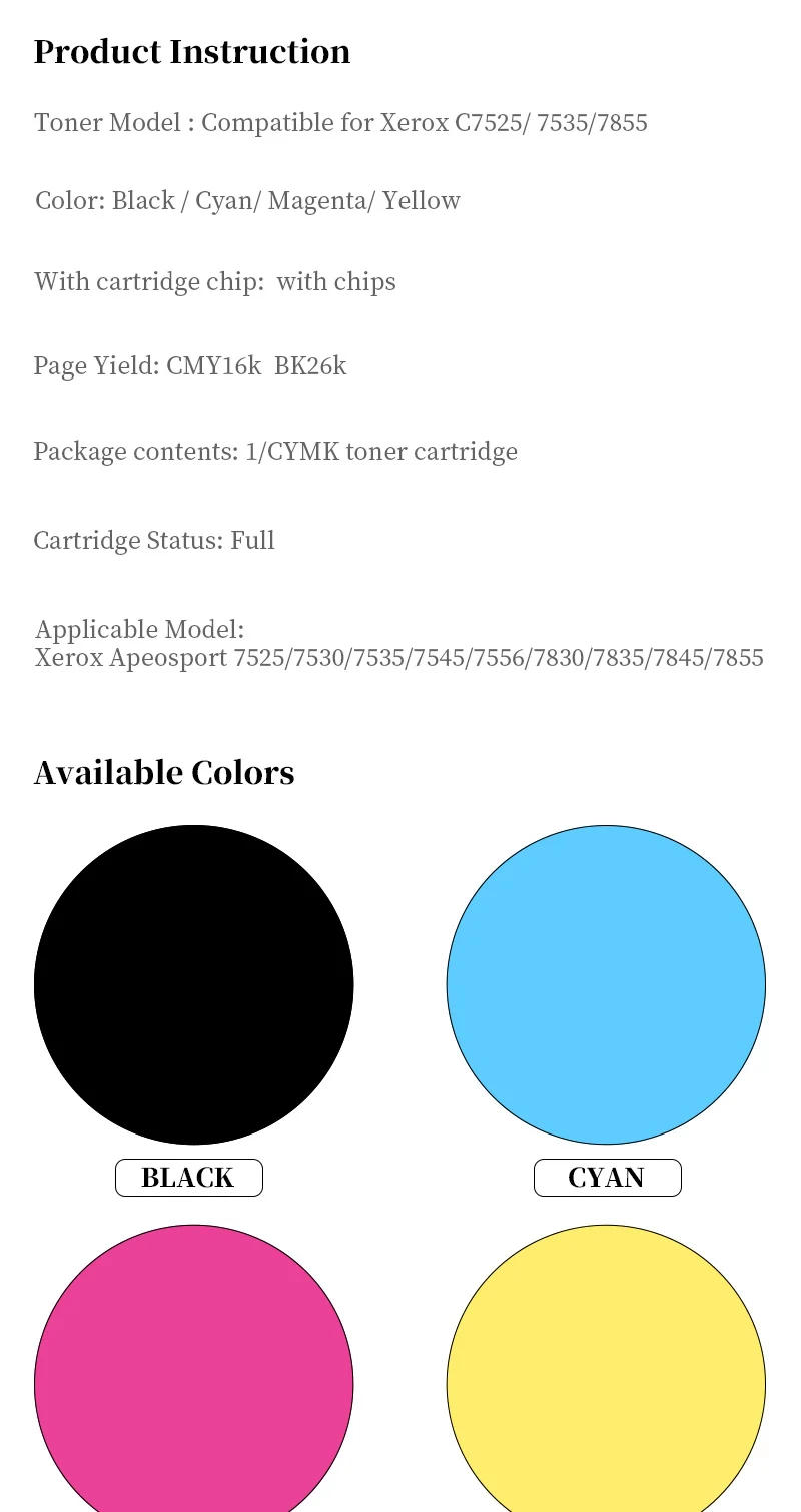 Description Picture 2 of itemC7525 Compatible Color Powder Copier Toner Cartridge C7525 for Xerox WorkCentre 7525 7530 7535 7545 7556 7830 7835 7845 7855