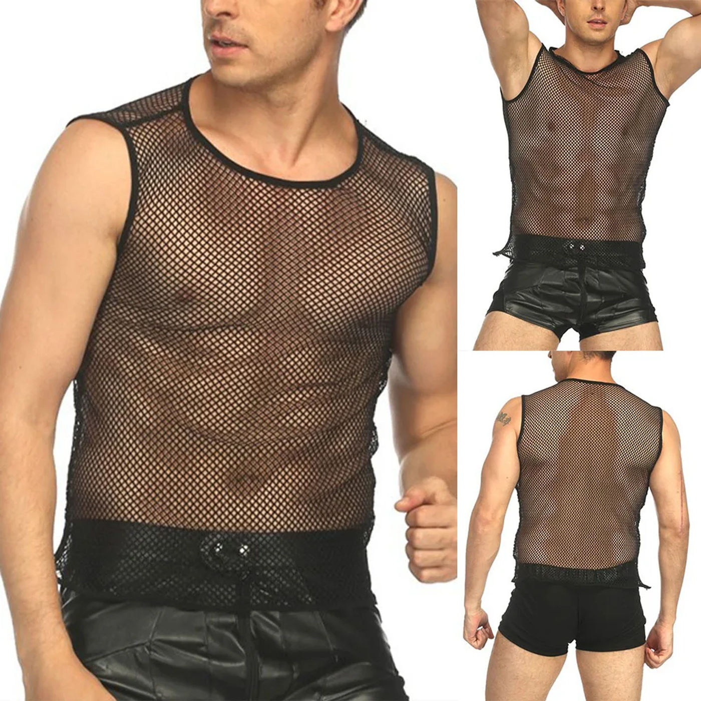 Description Picture 2 of itemMen Sexy Mesh Sheer Fishnet Tank Tops Summer Hollow Out Summer Fitness Tops Clubwear Singlet Vest Undershirt Stage Costume Wear