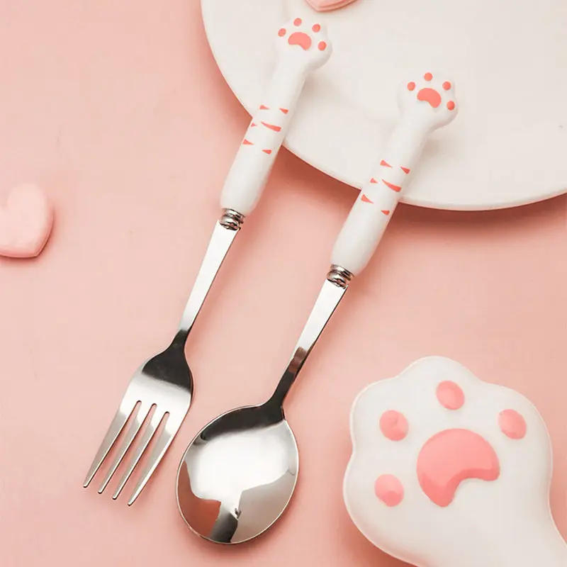 Description Picture 5 of itemStainless Steel Spoon and Fork Set with Storage Box Portable Tableware Cute Cat Paw Shaped Dinnerware Kit for Adults Kids School