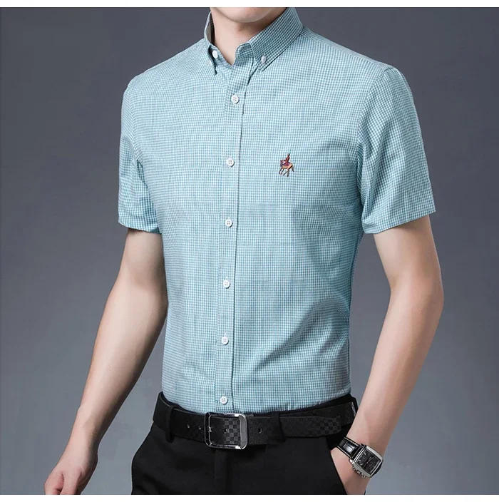 Description Picture 6 of item2024 Men's Short Sleeve Plaid Stretch Bamboo Fiber Casual Shirts Embroidered Horse Standard-fit Wrinkle Resistant Clothes