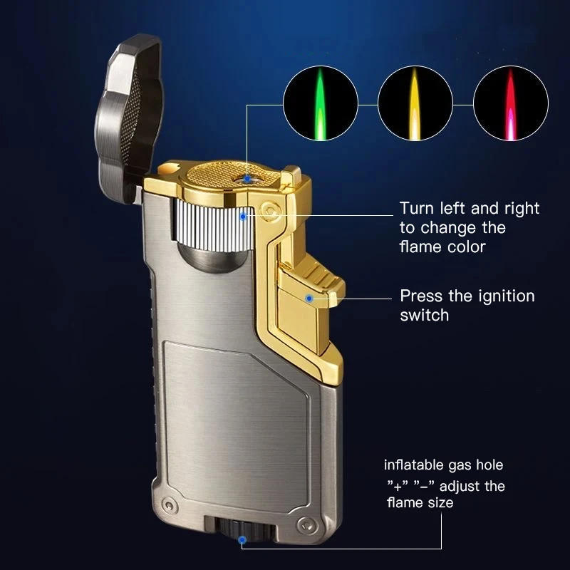 Description Picture 4 of item3-color Flame Color Torch Butane Gas Lighter Outdoor Windproof Direct Flush Turbo Jet Recycling Lighter Men's Gift