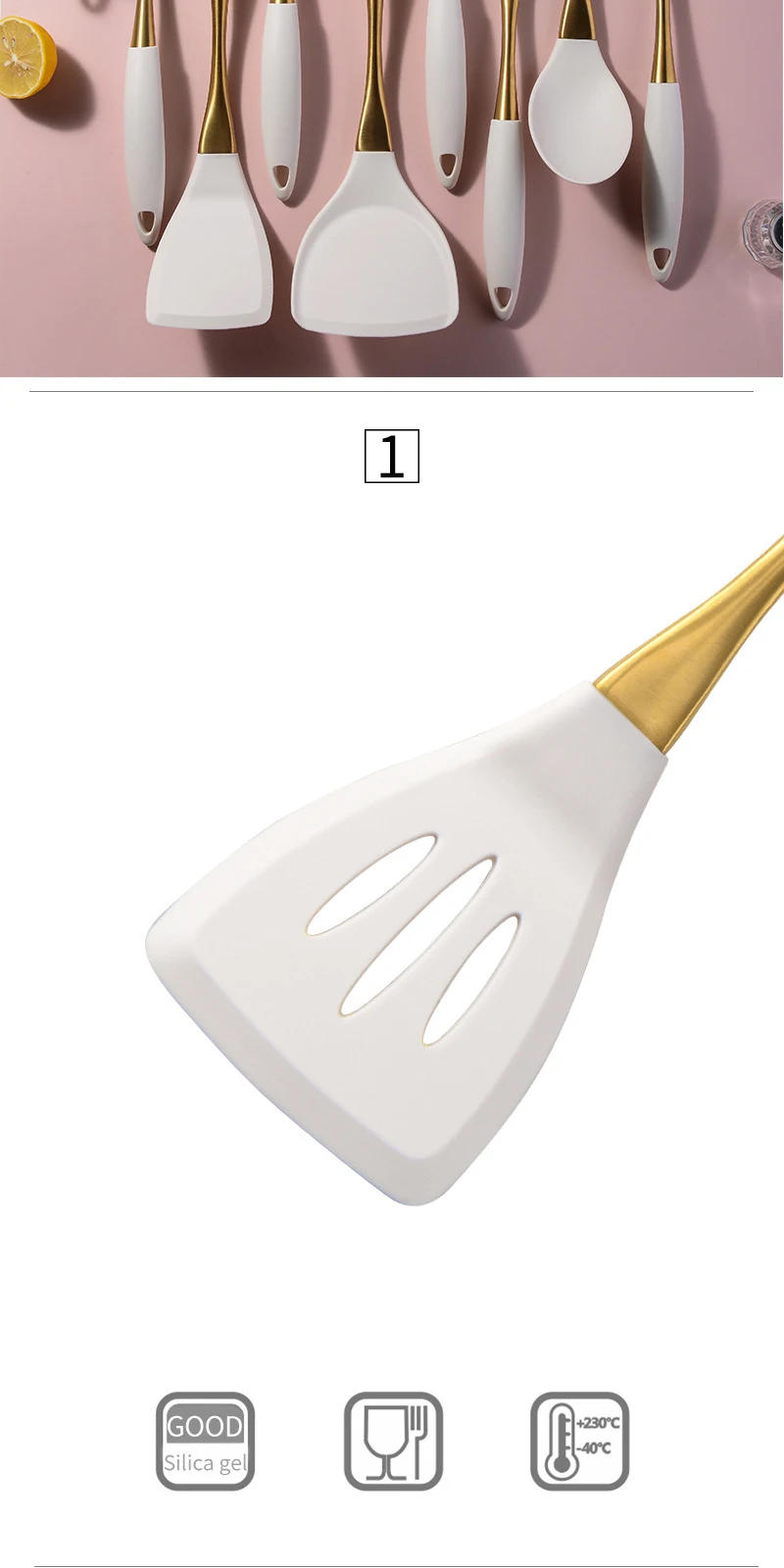 Description Picture 3 of item8Pcs White Gold Silicone Kitchenware Cooking Utensils Kitchen Accessories Spatula Turner Heat-resistant Pasta Colander Shovel