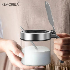 1Pcs Glass Seasoning Jar Stainless Steel Lid With Spoon Condiment Bottle Salt Shaker Kitchen Supplies Storage Set Spice Boxes