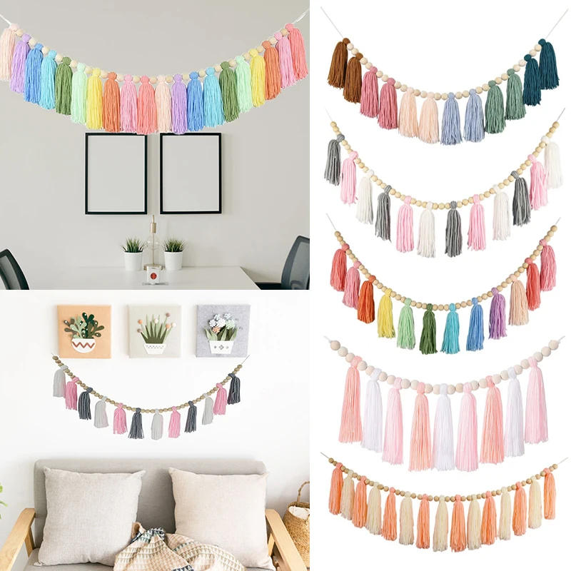 Description Picture 2 of itemRainbow Tassel Garland Bohemian Colorful Wood Beads Tapestry Macrame Wall Hanging Decorations Banner Bedroom Party Home Decor