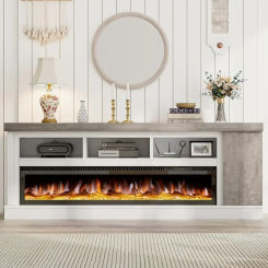 75" Fireplace TV Stand with 60" Glass Electric Fireplace Color Contrast Rustic Media Entertainment Center with Storage for TVs