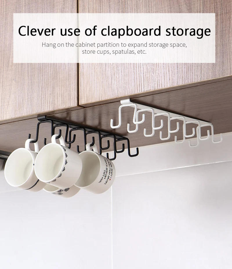 Description Picture 2 of itemPlastics 6 Hook Storage Shelf Wardrobe Cabinet Pp Under Shelves Mug Cups Hanger Bathroom Kitchen Organizers Hanging Rack Holders