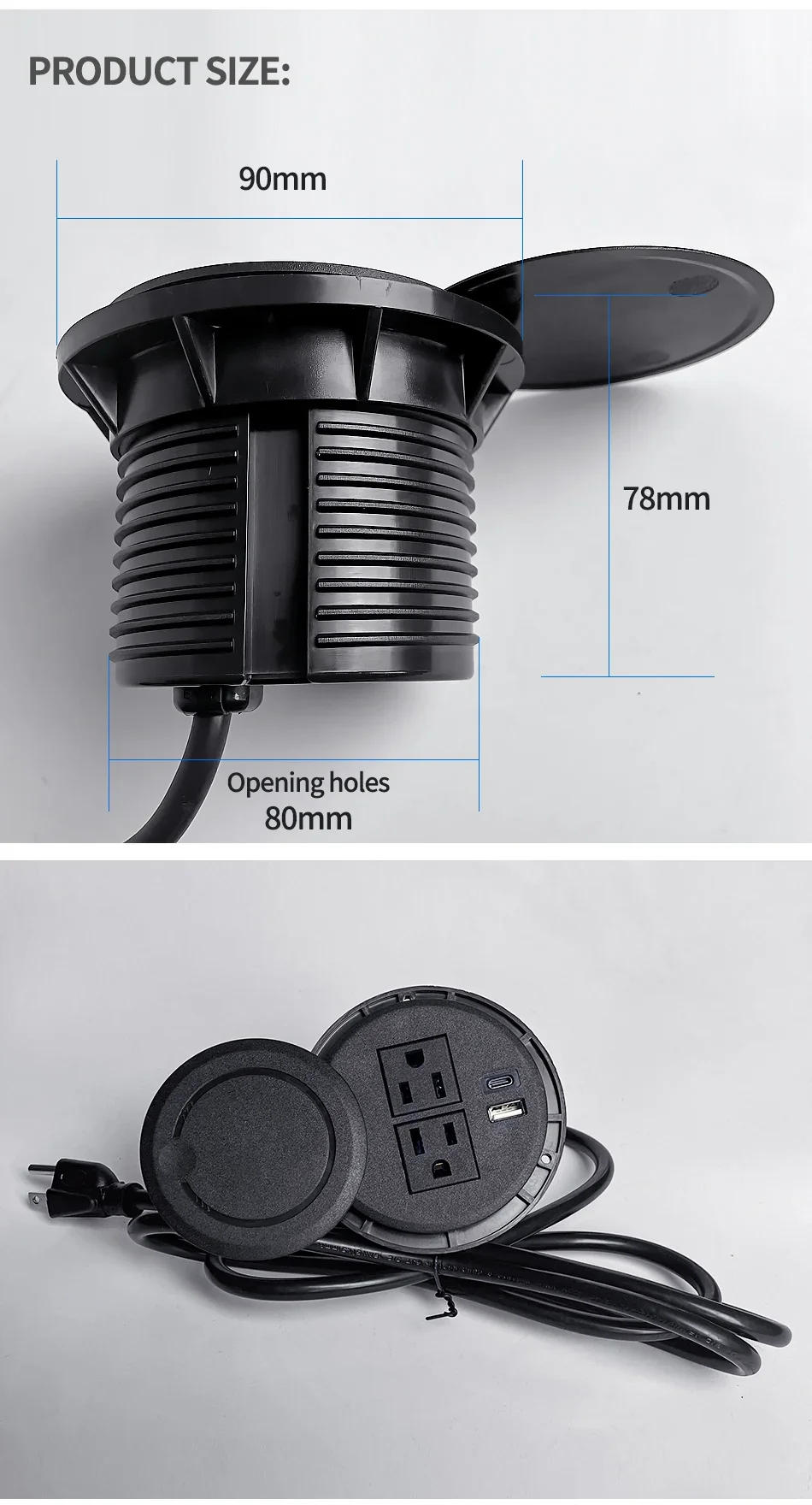 Description Picture 6 of itemDesktop adapter Multifunctional 2US Socket with USB Type-C  Recessed Desktop Plug Round Socket