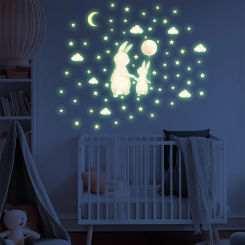 Cartoon Balloon Rabbit Luminous Wall Stickers for Kids Bedroom Glow In The Dark White Clouds Stars Shine Sticker Room Decoration