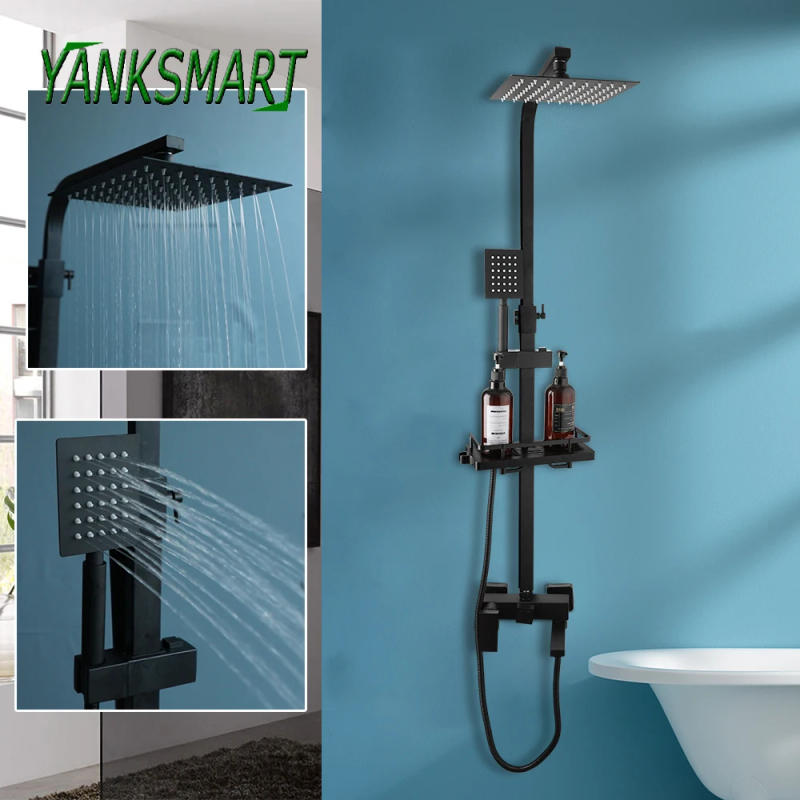 Description Picture 2 of itemYANKSMART Matte Black Bathroom Shower System 8" Rainfall Wall Mounted Bathtub Storage Shelf Shower Faucets Mixer Water Tap Set