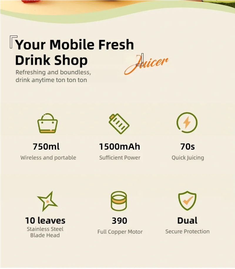 Description Picture 3 of itemTINSOL Electric Juicer Portable Blender 10 Blades Multifunctional Juice Blender Fresh Juice Smoothie Blender Food Processor