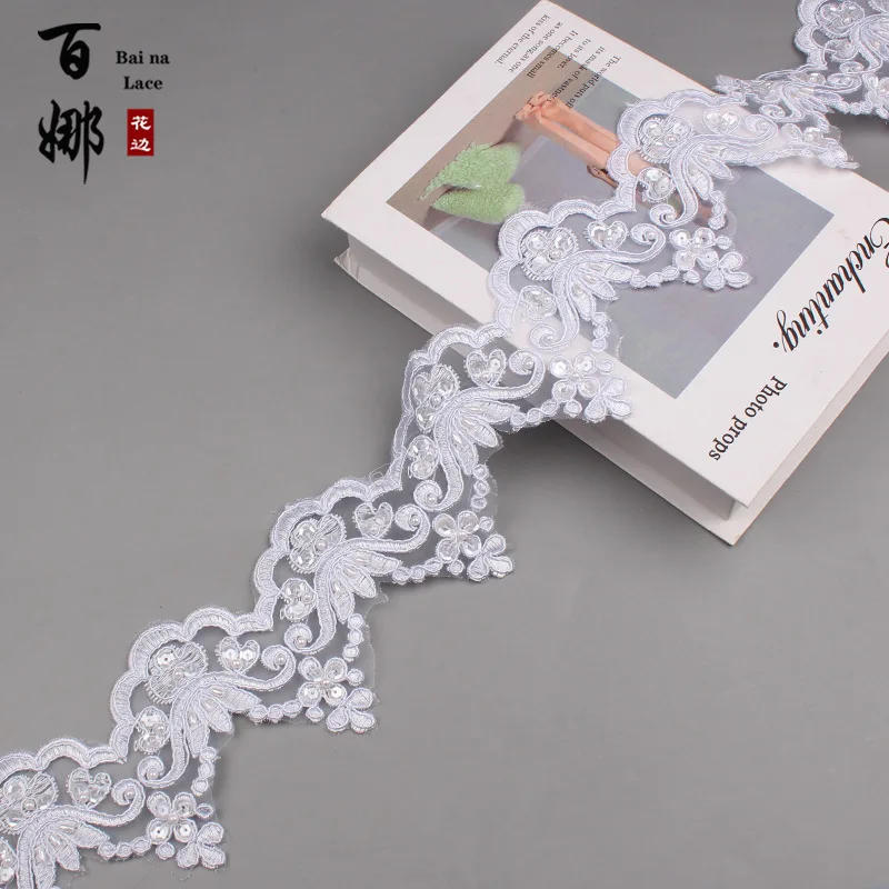 Description Picture 3 of item1 Yard 9cm wide Gold Beaded Cording Fabric Flower Venise Venice Mesh Lace Trim Applique Sewing Craft For Bride Wedding Dresses