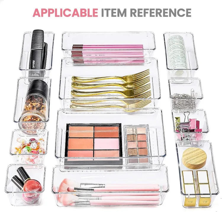 Description Picture 2 of itemClear Plastic Drawer Organizers Desk Dividers Bins Home Dresser Office Kitchen Drawer Separator Makeup Jewelry Organization Gadg