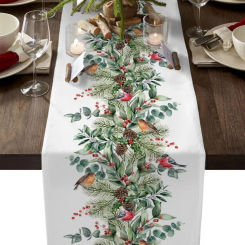 Christmas Cardinal Berry Green Plant Pine Linen Table Runner Dresser Scarves Winter Xmas Kitchen Table Runner Navidad Decoration