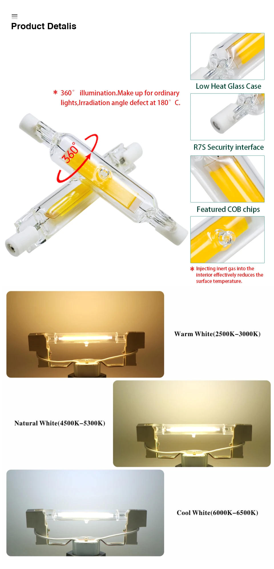 Description Picture 4 of itemR7S LED 78mm J78 118mm J118 Light Bulb 5W 10W 20W COB Glass Lampada R7s Tube AC 110V 220V Energy Saving Replace Halogen Light