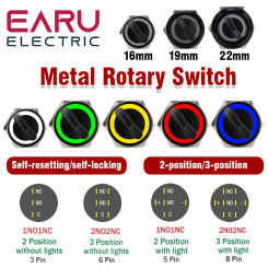 16MM 19MM 22MM Self-return Self-locking Waterproof DPDT Illuminated Metal Selector Knob Rotary Switch 2 3 Position LED Lamp Red