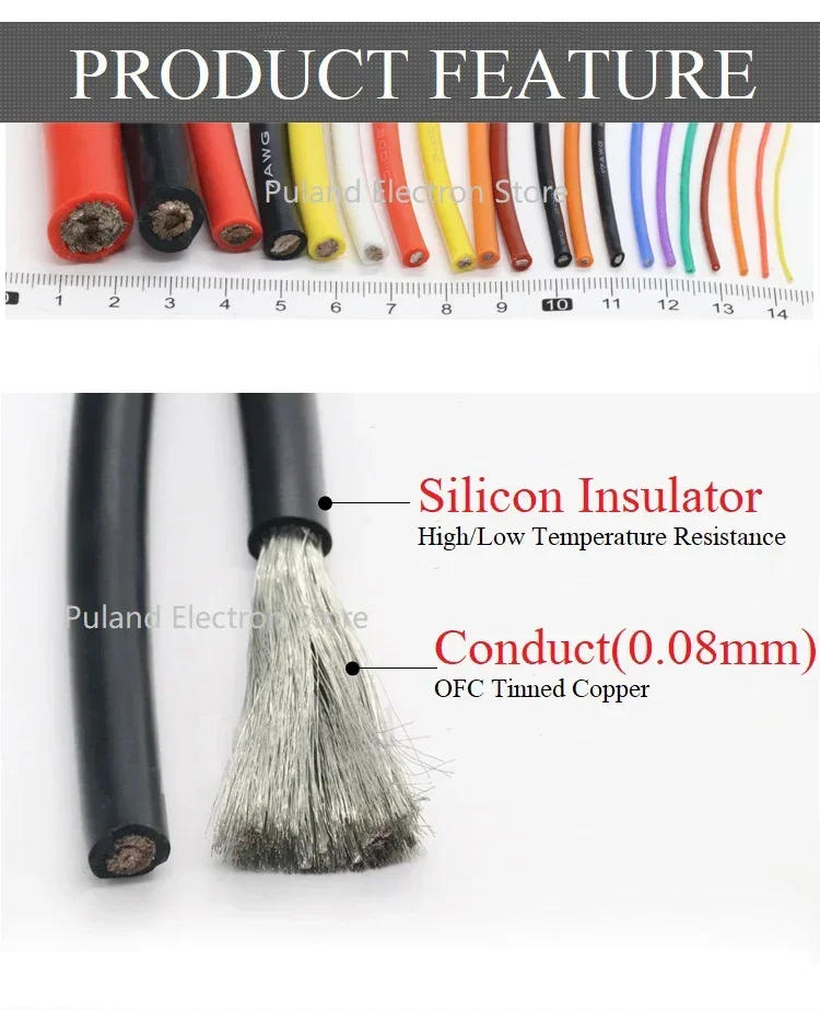 Description Picture 4 of item1M/5M Heat-resistant cable 30 28 26 24 22 20 18 16 15 14 13 12 10 AWG Ultra Soft Silicone Wire High Temperature Flexible Copper