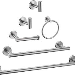 6 Pieces  Bathroom Hardware Accessories Set Hand Ring  Round Towel Bar Silver Toilet Paper Holder Towel Hooks,Heavy Wall Mounted