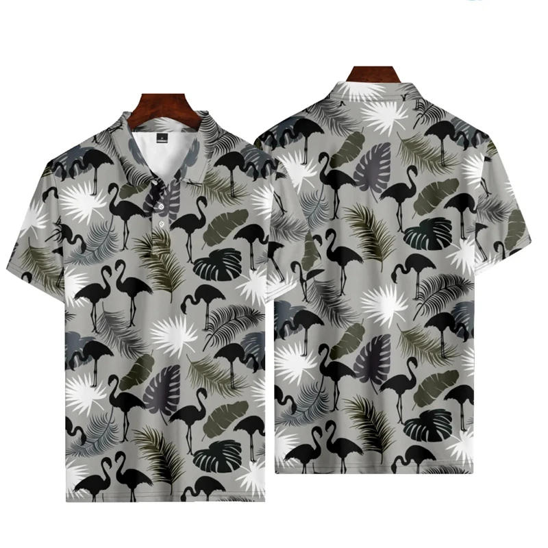 Description Picture 4 of itemHawaiian Holiday Flamingo Print Summer Men's Buttons Polo Shirts Casual Short Sleeve Oversized Tops Fashion Male Camisa Clothing