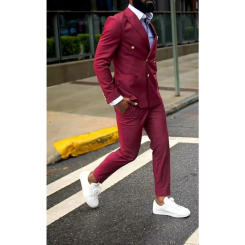 Dark Red Suit for Men Casual Double-breasted Jacket Pants 2-piece Set Groom's Tuxedo Formal Slim High Quality Suits Mens Outfit