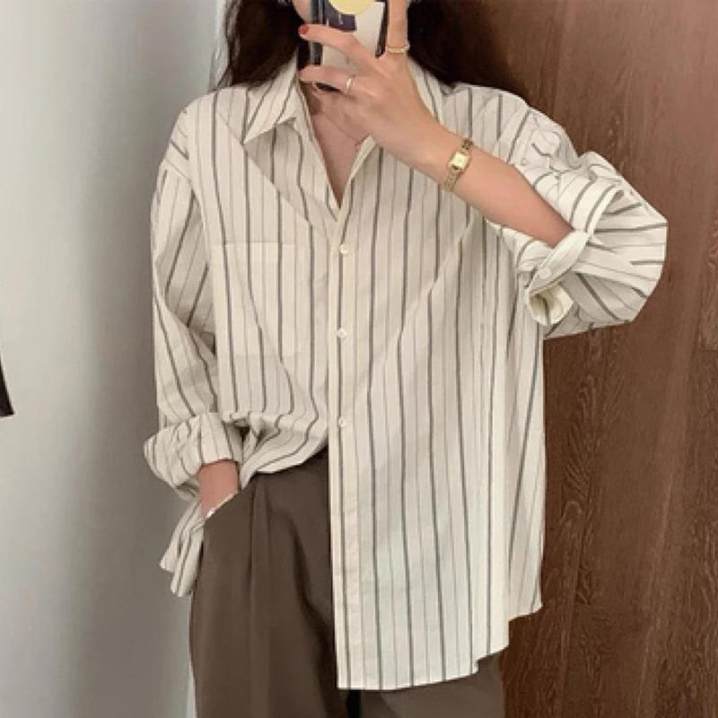 Description Picture 6 of itemSummer New Long Sleeve Casual Stripe Shirt for Women Clothing Elegant Loose Women Blouse Button Up Simple Office Lady Shirts 705