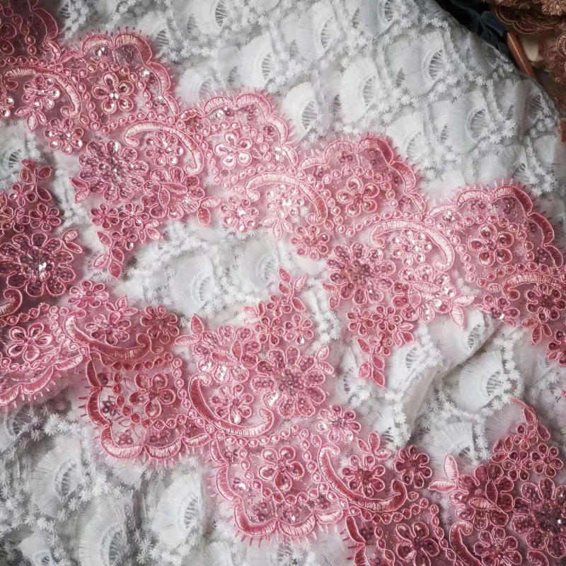 Description Picture 3 of item1Yard 13cm wide Pink Champange Sequins Edge Polyester Embroidery Lace Trim for Bridal Wedding Gown Costume Design Lace Ribbon