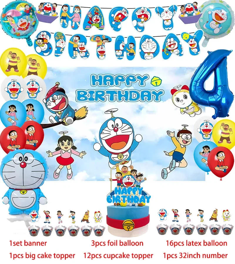 Description Picture 4 of itemMagic Cat Theme Birthday Party Decoration Balloon Backdrop Cake Topper Doraemon Birthday Party Supplies Baby Shower