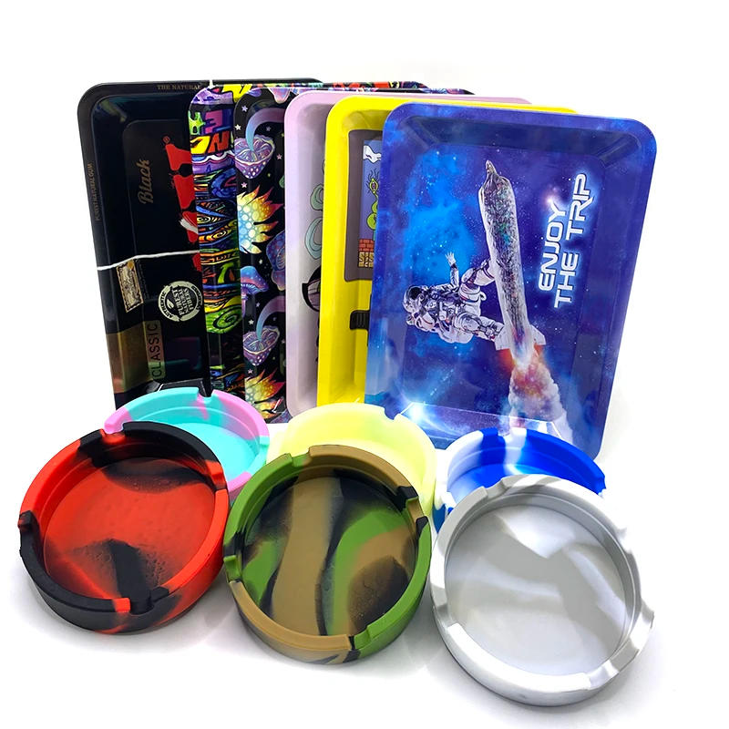 Description Picture 2 of itemRolling Tray 18X12.5cm Metal Herb Tinplate Plate with Silicone Soft Round Ash Tray Ashtray Cigarette Holder Smoking Accessories