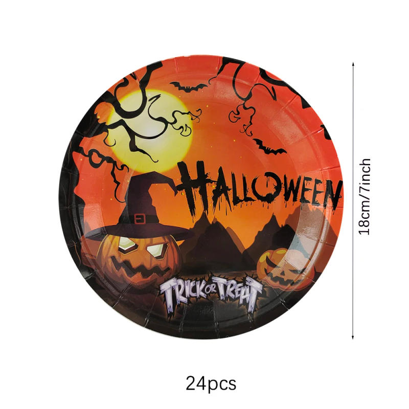 Description Picture 6 of itemHalloween Disposable Tableware Pumpkin Plate Cups Straws Napkin Castle Ghost Happy Halloween Party Table Decoration Supplies