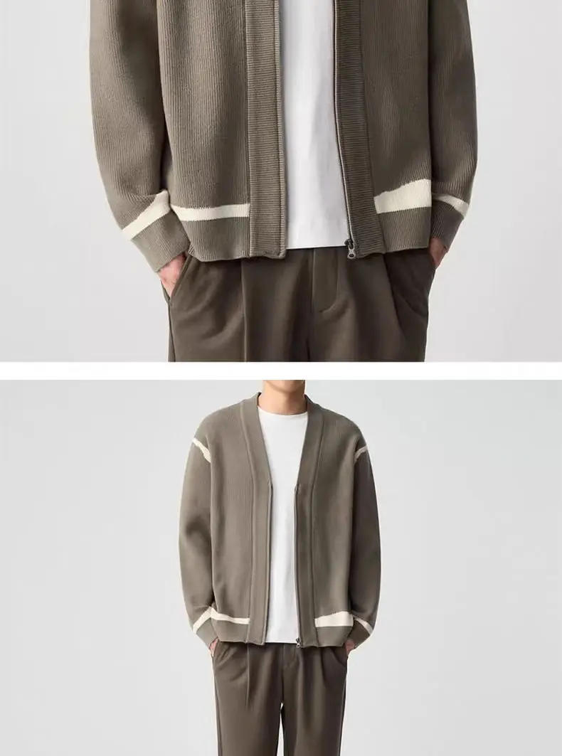 Description Picture 4 of itemAutumn Winter V-neck Contrasting Color Sweater Cardigan Men's Warm Loose Casual High Street Sweaters Men Tops Male Clothes