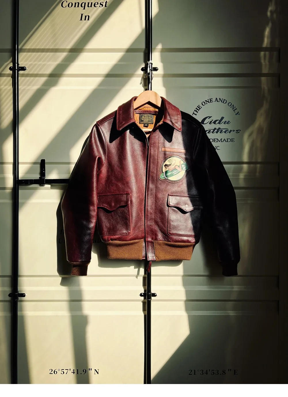 Description Picture 4 of itemTailor Brando No. 23373 Italy Burgundy Uncoated Batik Cowhide A2 Aviator Jacket  60% Wool Threaded Hem Genuine Leather Jacket
