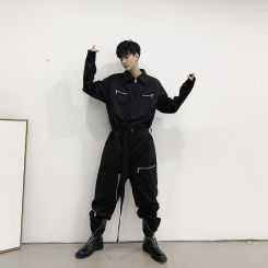 2024 Spring Korean style Unique multi zipper design jacket Romper pants men casual loose Overalls pants for men Rompers,M-XL