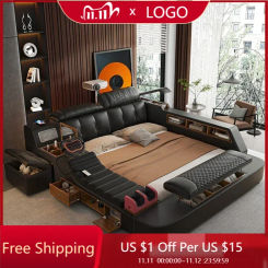 Ultimate Genuine Leather Bed With Massager, Safe, Speaker, Dresser And Projector For Bedroom Multifunctional Tech Smart Beds