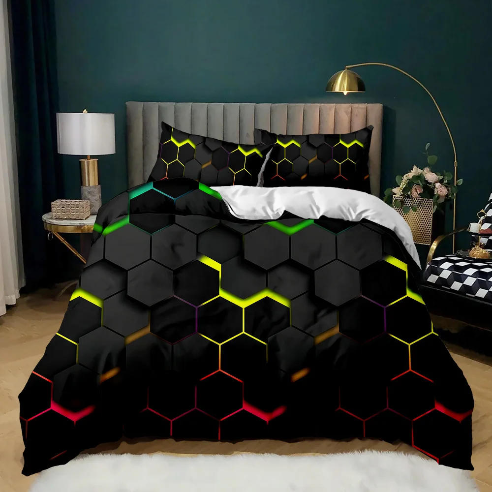 Description Picture 4 of itemGeometric Duvet Cover Multicolor Honeycomb Hexagon Bedding Set Geometric Theme Metal Texture Streamline Polyester Qulit Cover