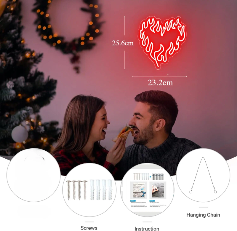 Description Picture 3 of itemHeart Fire USB Powered Led Neon Sign Dimmable Neon Light Wall Decor For Room Decor Office Party Birthday Gift Pub Night Light