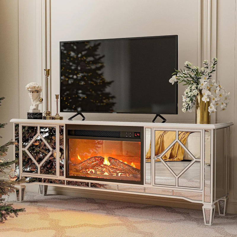 Description Picture 2 of itemMirrored TV Stand with Fireplace for TV Silver Electric Entertainment Center with 7 Colors Changing 3D Realistic Flame Effect