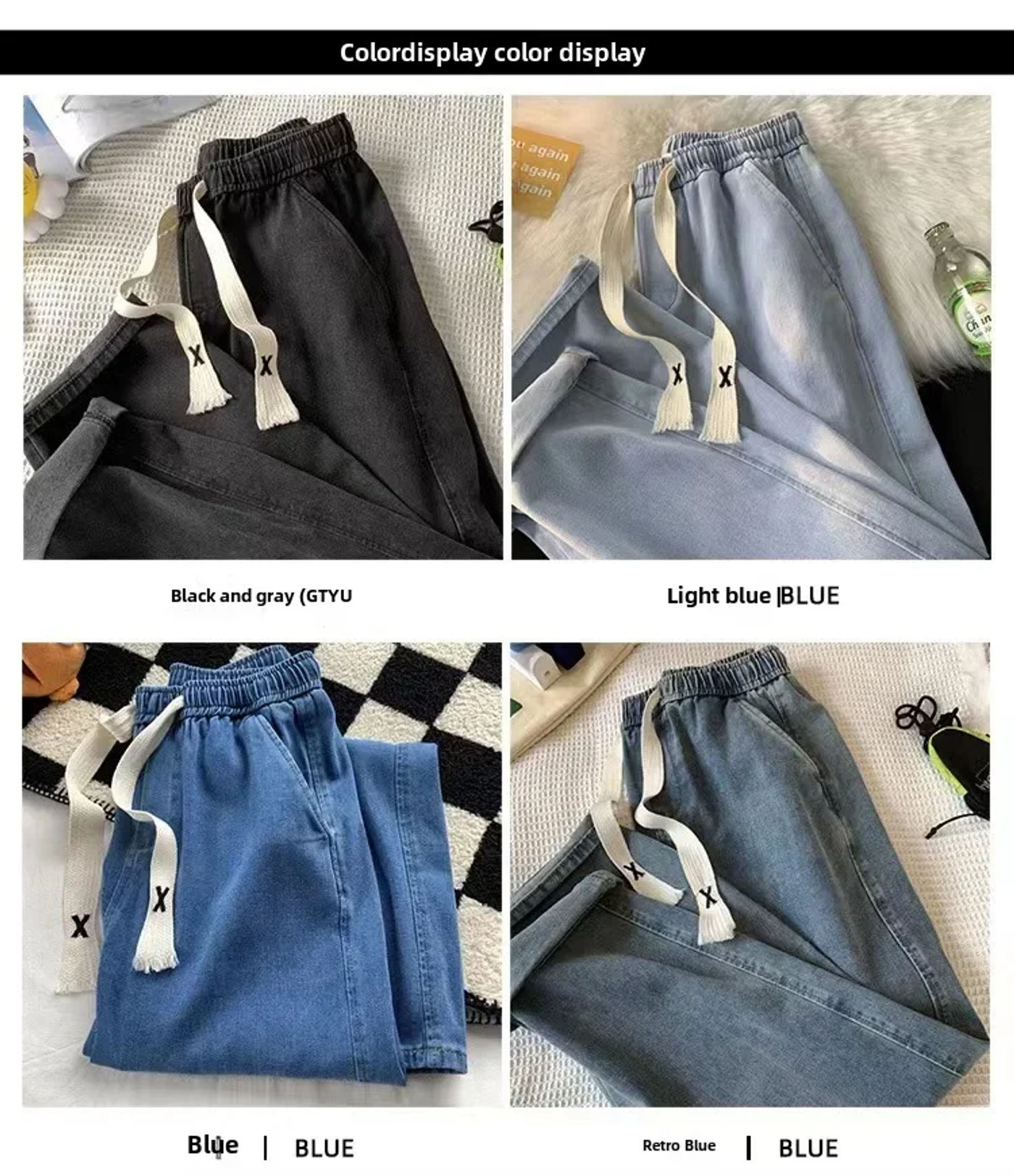 Description Picture 3 of itemVintage Straight-leg Jeans Men's Loose-fit Casual Pants Elastic Waist Drawstring Sensible Design Niche Style For Spring Autumn