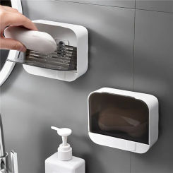 1PC Wall Mounted Soap Holder Soap Box With Flip Lid Free Punch Soap Drain Dish Double Grids Soap Draining Rack For Home Bathroom