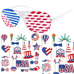 Patriotic Party Favors Set, 4th of July USA Decorations Shutter Shades Glasses, Flag Hat Photobooth Prop