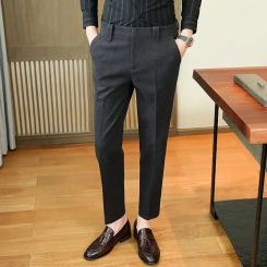 Korean Trendy Woolen Men's Pants Nine Points Small Slim Fit Men's Casual Trousers Draped Suit Pants For A Slimmer Silhouette