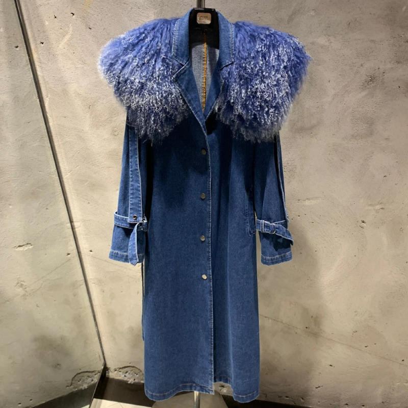 Description Picture 4 of itemDenim Fur Coat Long 2024 New Coming Denim Windbreak Long With Fur Collar Ladies Jeans Coat 23T022