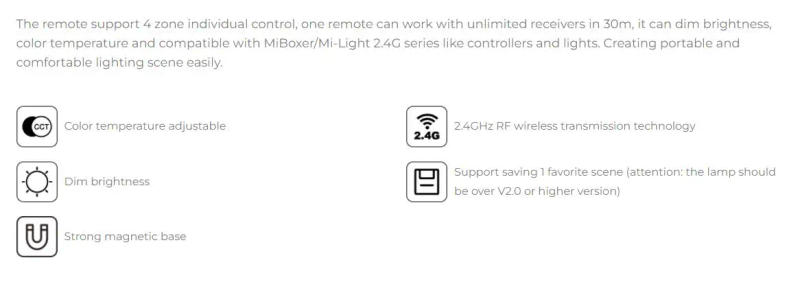 Description Picture 3 of itemMiboxer C1 C2 C3 C5 Magnetic LED Remote Color Temperature 4-Zone RGB+CCT 2.4G RF Wireless Brightness Adjustable Lighting