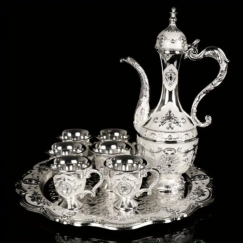 Description Picture 5 of item1Set Vintage Metal Turkish Coffee Pot Set European Style Tea Set 6 Luxury Coffee Cups Craft Tea Tray And Teapot For Serving Tea