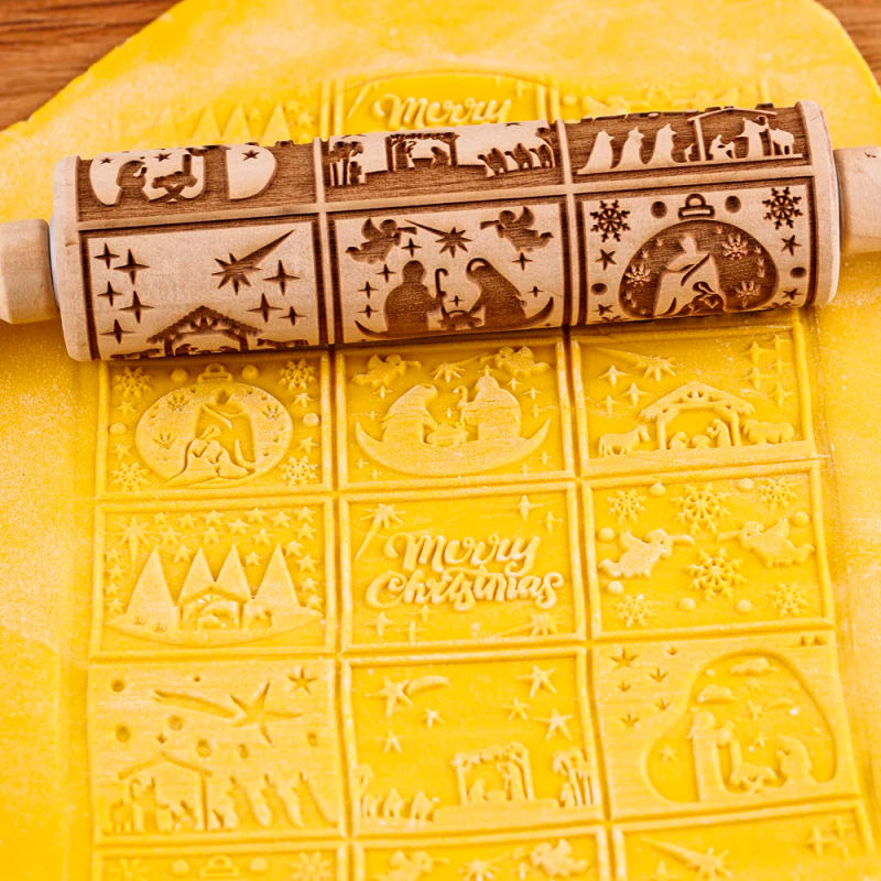 Description Picture 3 of item35X4.5CM 9 Grids Christmas Jesus Snowflake Angel Deep Engraved Wooden Embossed Cookies Rolling Pin for Baking 3D Mold