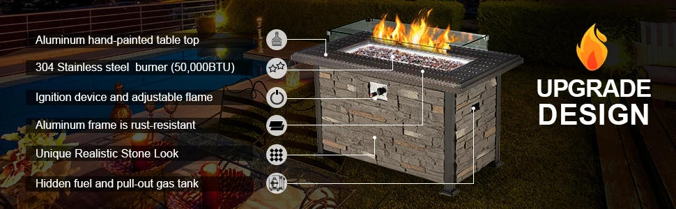 Description Picture 3 of item44 Inch Aluminum Propane Fire Pit Table W/Faux Ledgestone, Hand-Painted Table Top, 50,000 BTU Fire Table, Wind Guard, Waterproof