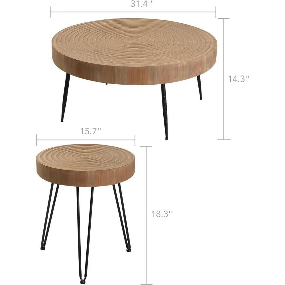 Description Picture 4 of itemFarmhouse Round Coffee Table Set of 2, Cocktail Table Set, Modern Circle Natural Wood Finsh Side and End Table Sets