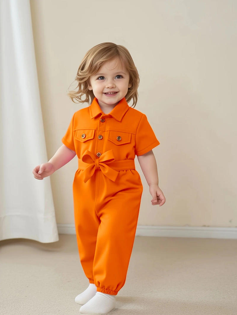 Description Picture 2 of itemCute Baby Girl Summer Short-Sleeved One-Piece Outdoor Casual Simple One-Piece Pants + Belt 2-Piece Set