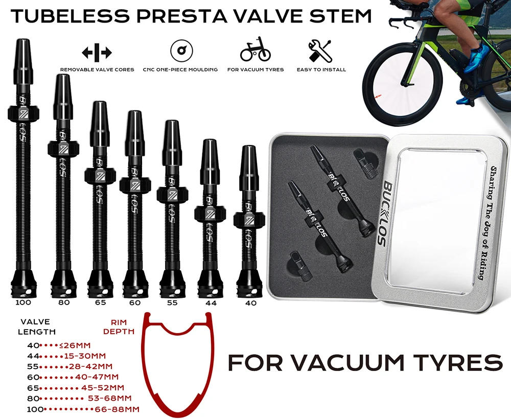 Description Picture 4 of itemBUCKLOS 40/44/55/60/65/80/100mm Tubeless Valves Bike Aluminum Alloy Presta Nipples Removable Core Air Valve for Road MTB Bicycle