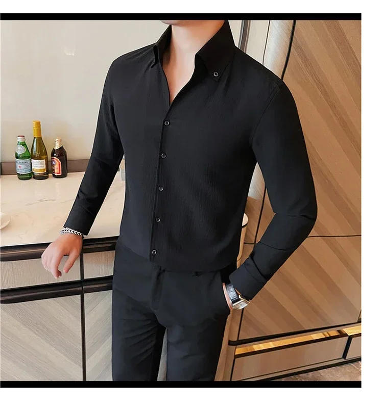 Description Picture 5 of item5Colors Autumn New Business Formal Wear Long Sleeve Solid Shirts For Men Clothing 2023 All Match Slim Fit Casual Prom Tuxedo 4XL